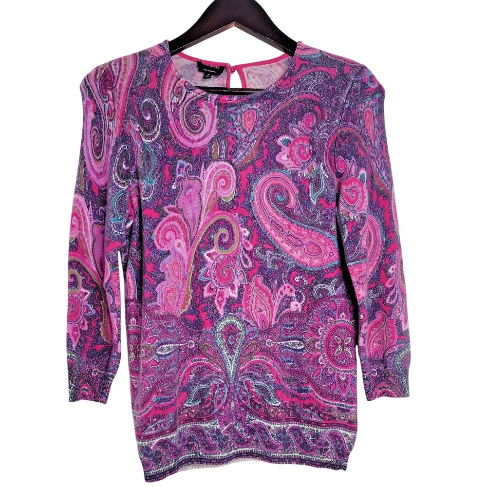 Talbots Womens Medium 100% Cashmere Sweater Pink Purple Paisley 3/4 Sleeve EUC